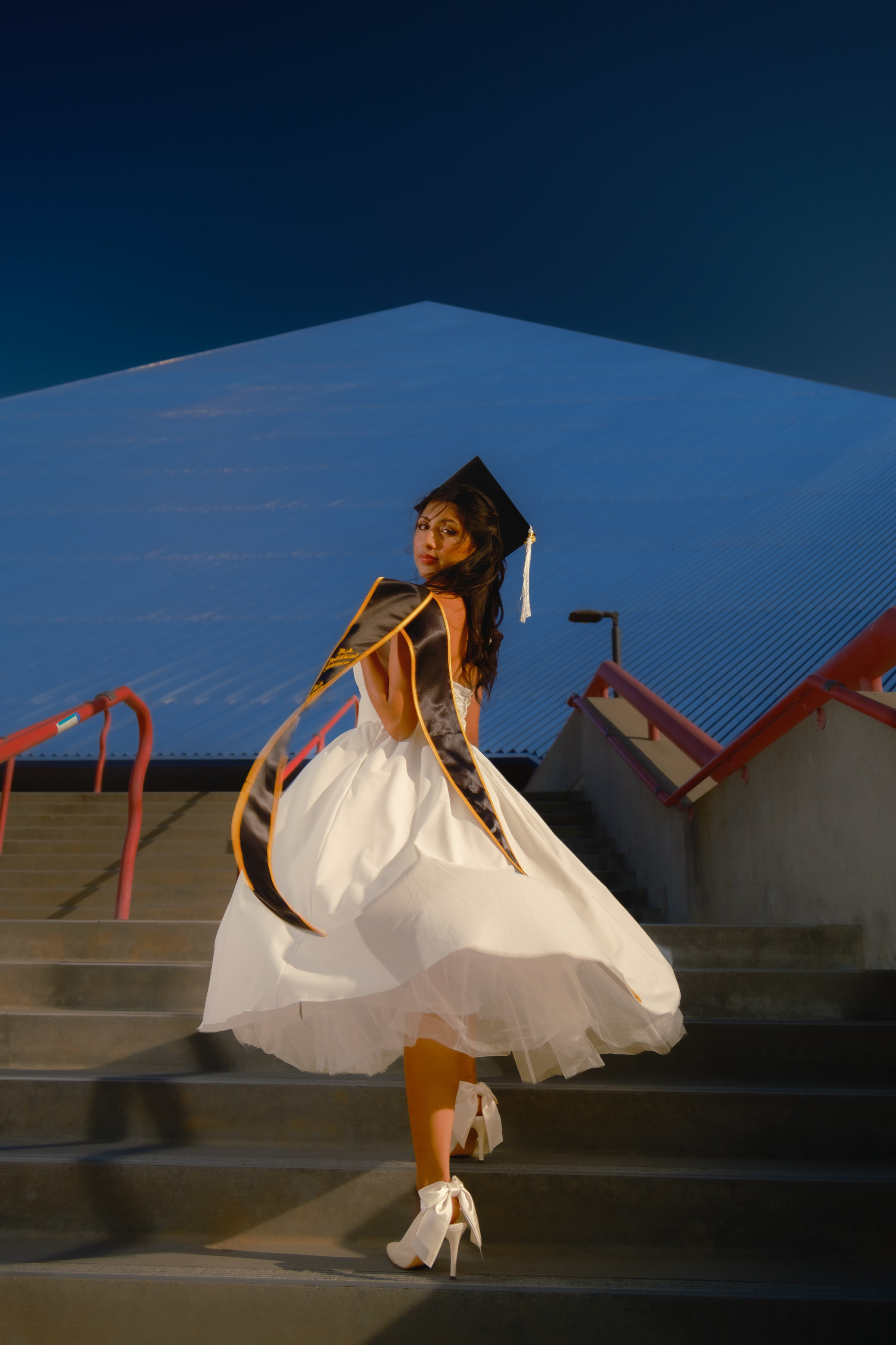 Woman ascending stairs